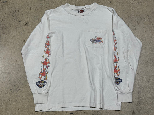 2000 Harley Davidson Flame Sleeve Tee - White Size Large