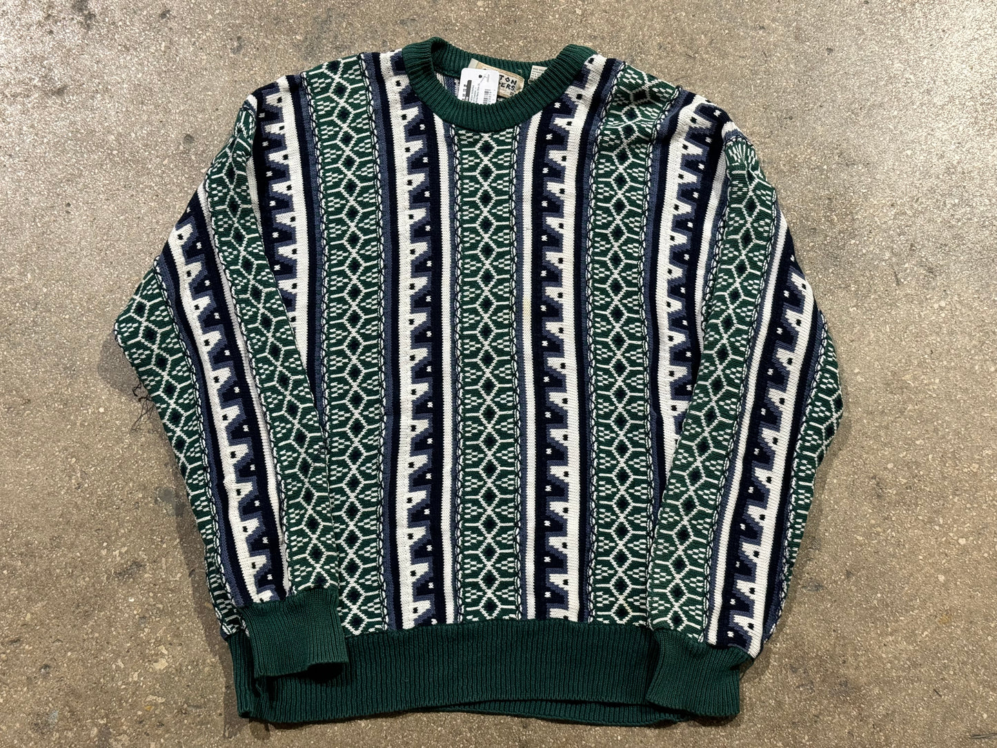 Cotton Trades Imitation Coogi Knit Sweater - Green/White/Navy Size XL