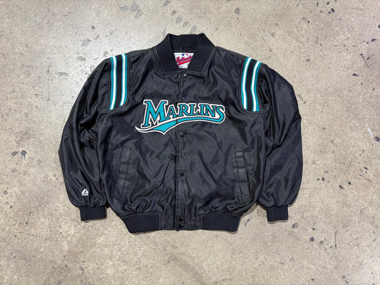 90s Majestic Florida Marlins Satin Jacket - Black Size XL