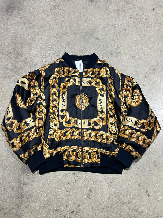 Bootleg Chanel Chain Link Bomber Jacket - Black/Gold Size Large