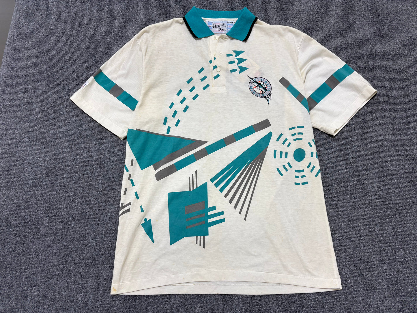 Florida Marlins Patterned Polo Shirt - White / Teal Size Medium