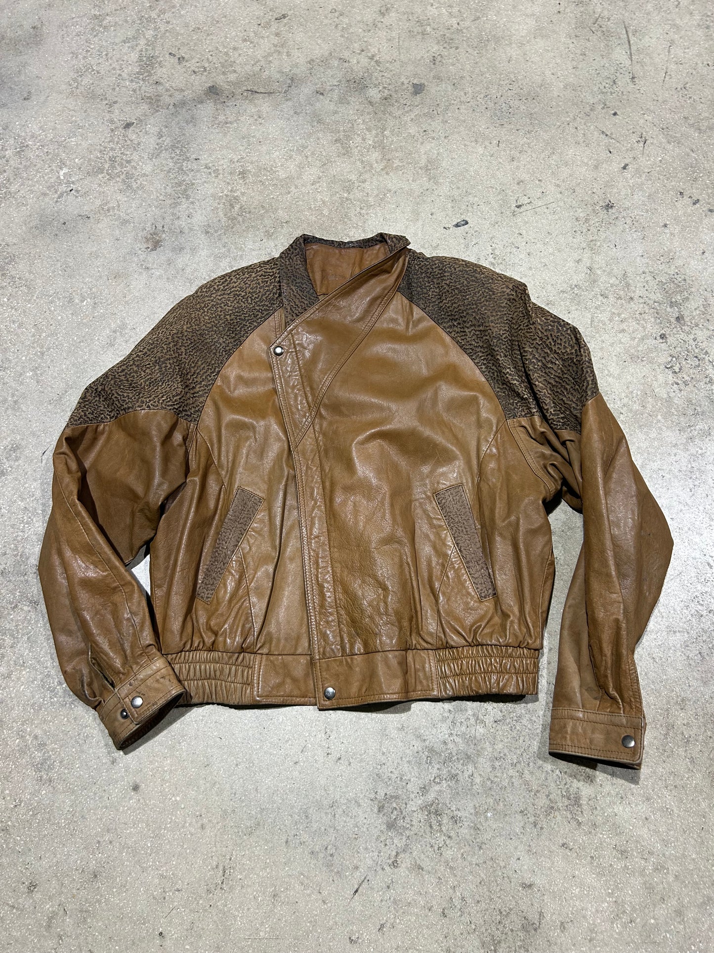 Elephant Print Leather Jacket - Brown Size Large