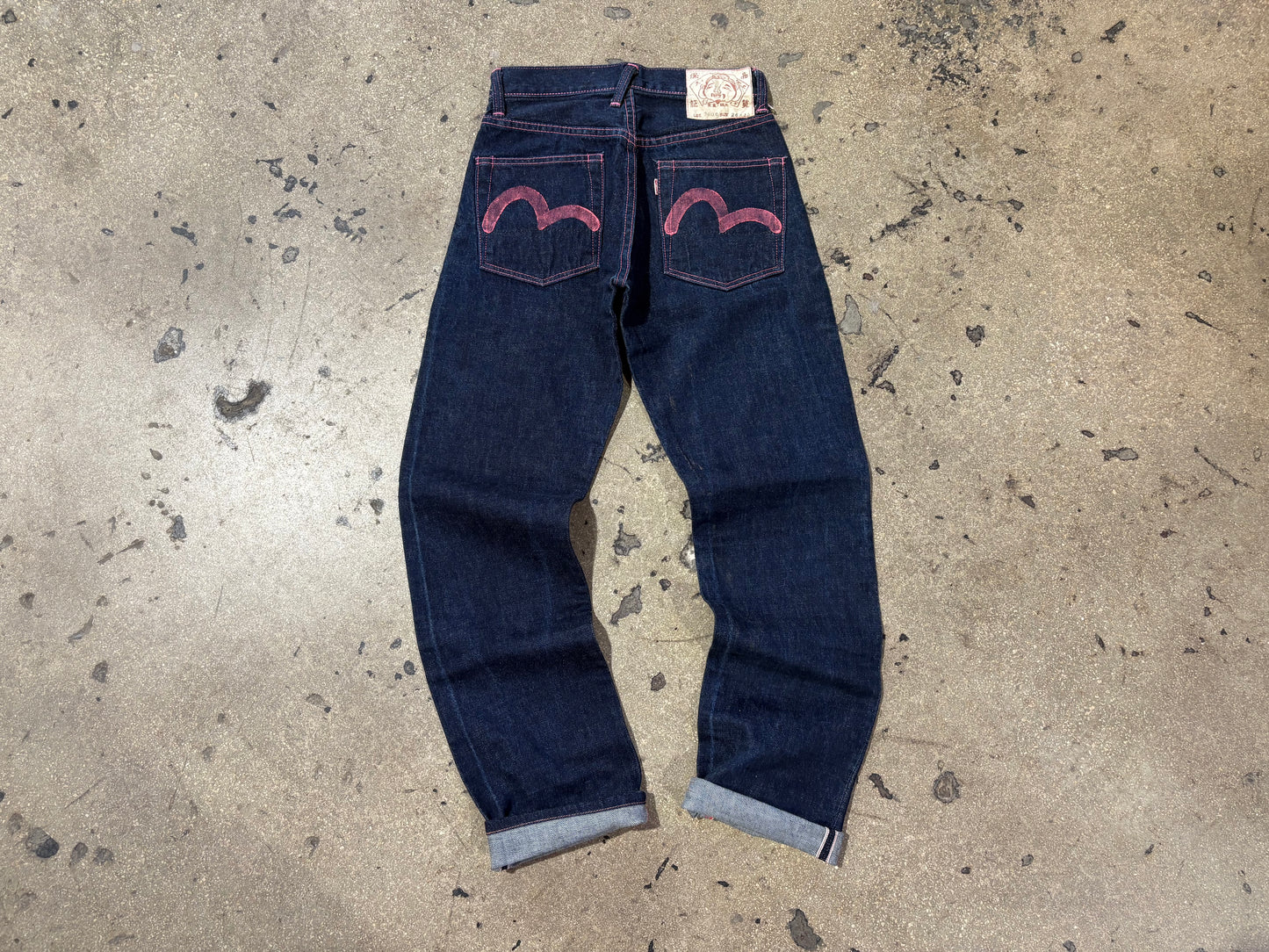 Womens Evisu Back Pocket Hit Selvedge Denim Jeans - Blue / Pink Size 25