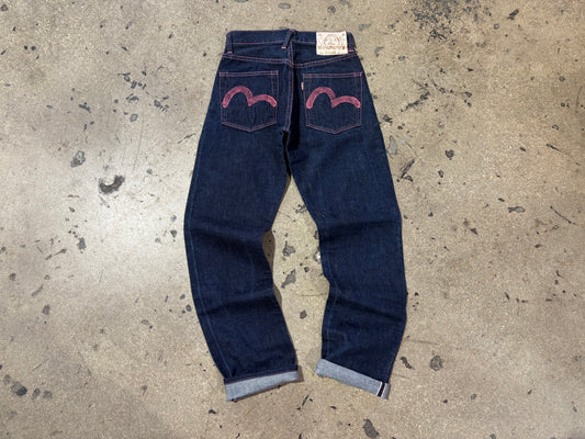 Womens Evisu Back Pocket Hit Selvedge Denim Jeans - Blue / Pink Size 25