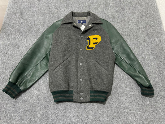80s Polo Ralph Lauren Letterman Jacket - Grey / Green Size Large