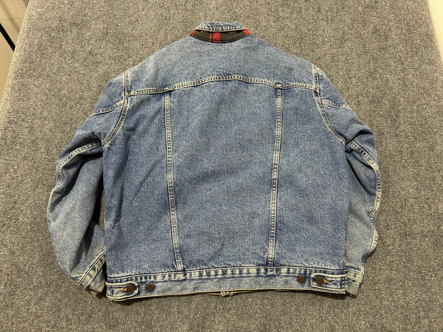 90s Levis Plaid Liner Trucker Denim Jacket - Blue Size Large