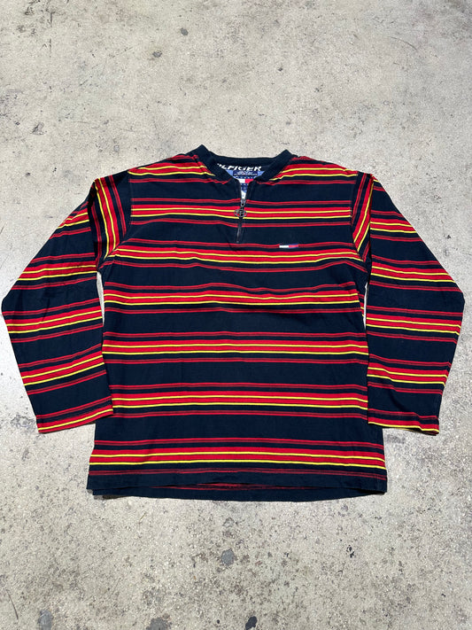 Tommy Hilfiger L/S quarter Zip Shirt - Black/Red/Yllw Size Large