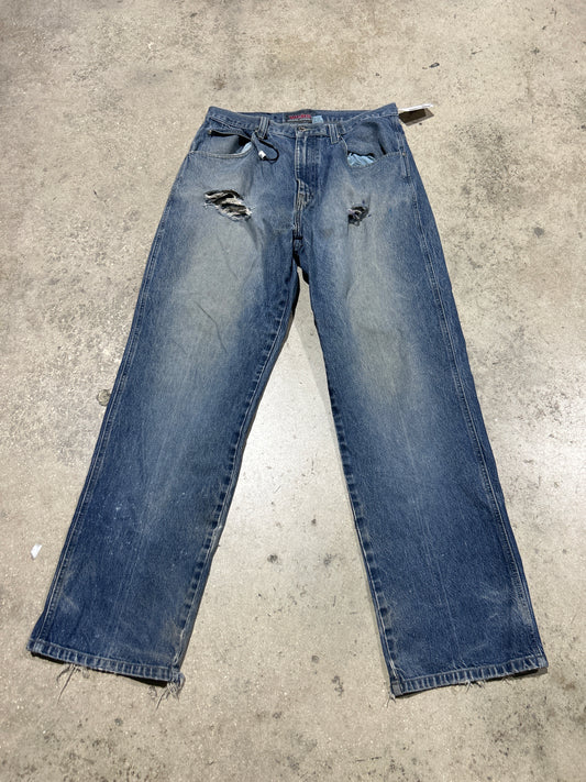 Distressed/Thrashed Webs Denim Pants - Blue Size 36x34