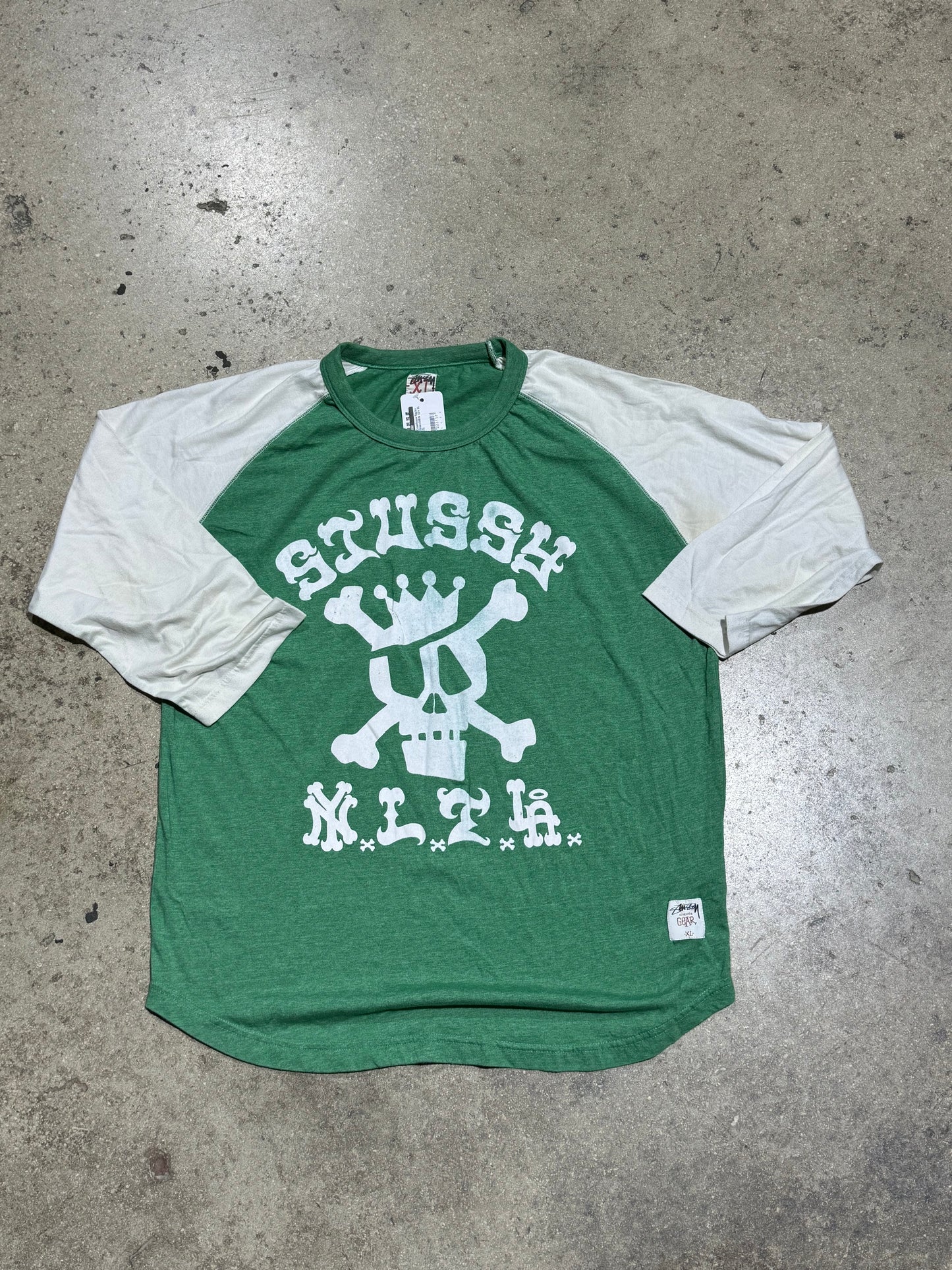 Stussy Crossbones Raglan Tee - Green/White Size XL