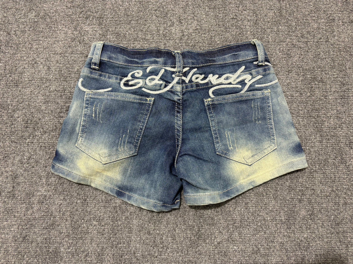Ed Hardy Embroidered Denim Micro Shorts - Blue Size 26