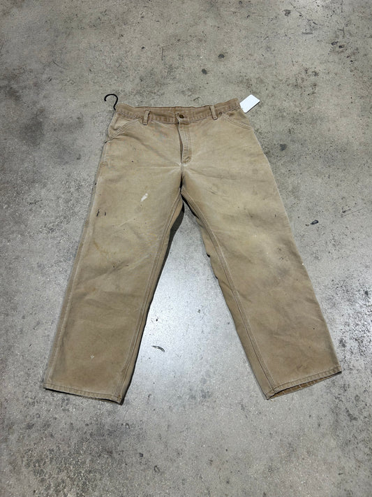 Distressed Carhartt Carpenter Pants - Faded Khaki Size 36x30