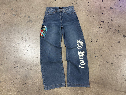 Ed Hardy Embroidered Baggy Denim Jeans - Blue Size 28