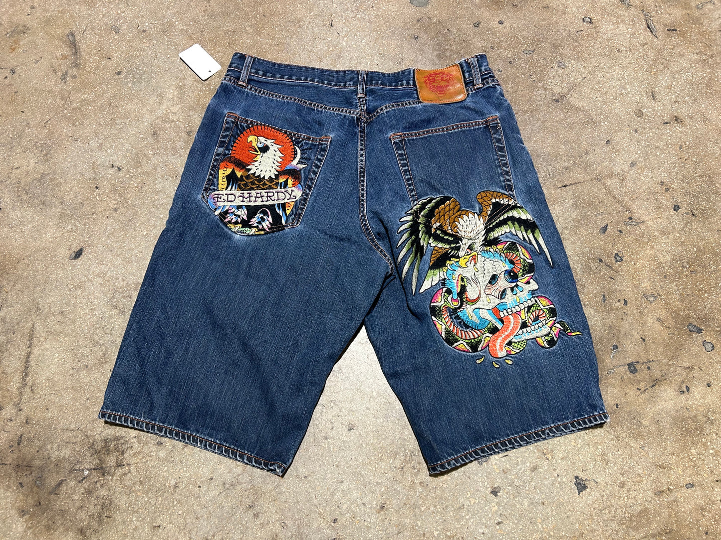Ed Hardy Big Embroidered Denim Jean Shorts - Blue Size 40