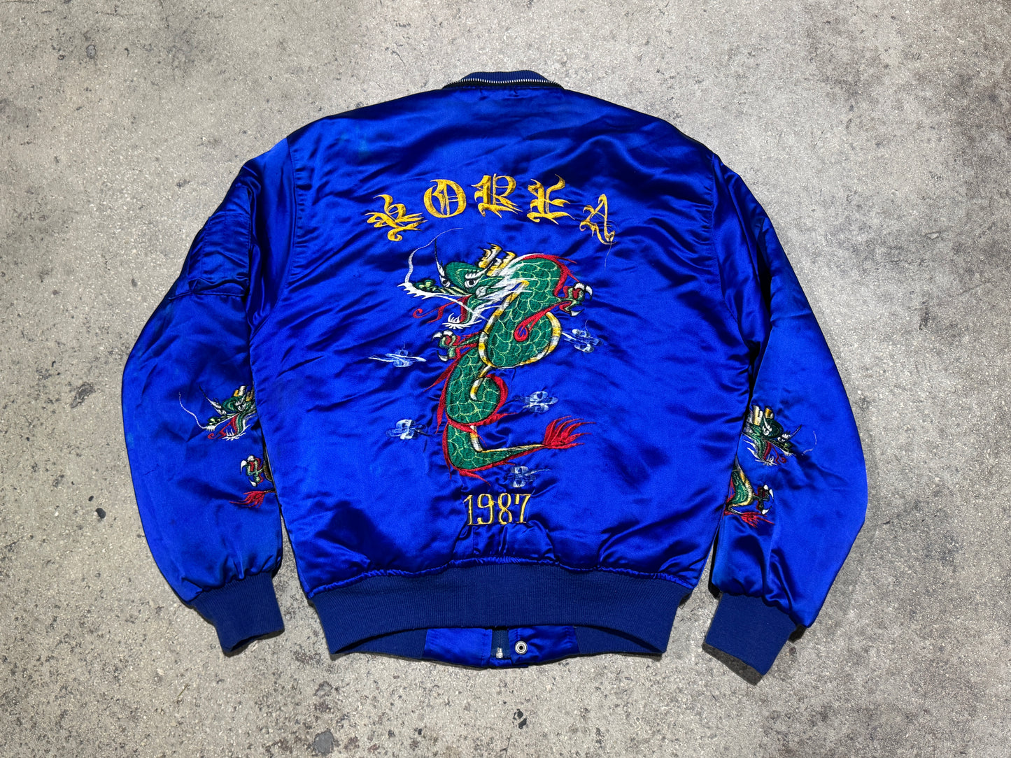 1987 Korea Satin Hooded Bomber Jacket - Royal Blue Size Medium