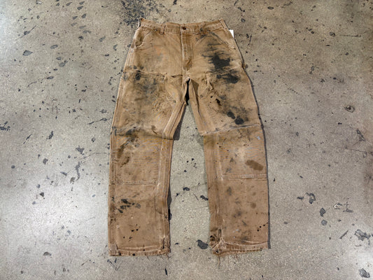 Distressed/Painted Carhartt Double Knee Pants - Khaki Size 30 x 30