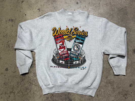 1997 MLB World Series Indians vs Marlins Crewneck - Grey Size XL