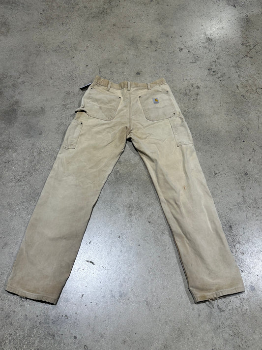 Distressed Carhartt Double Knee Pants - Faded Khaki Size 34x34