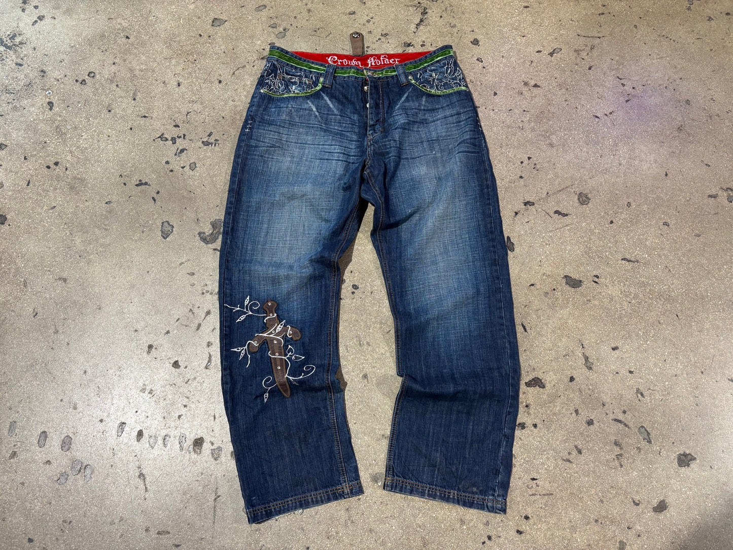 Crown Holder Denim Velour Pocket Denim Jeans - Blue / Green Size 38