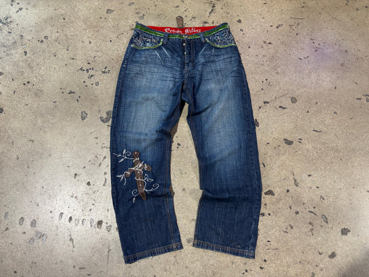 Crown Holder Denim Velour Pocket Denim Jeans - Blue / Green Size 38