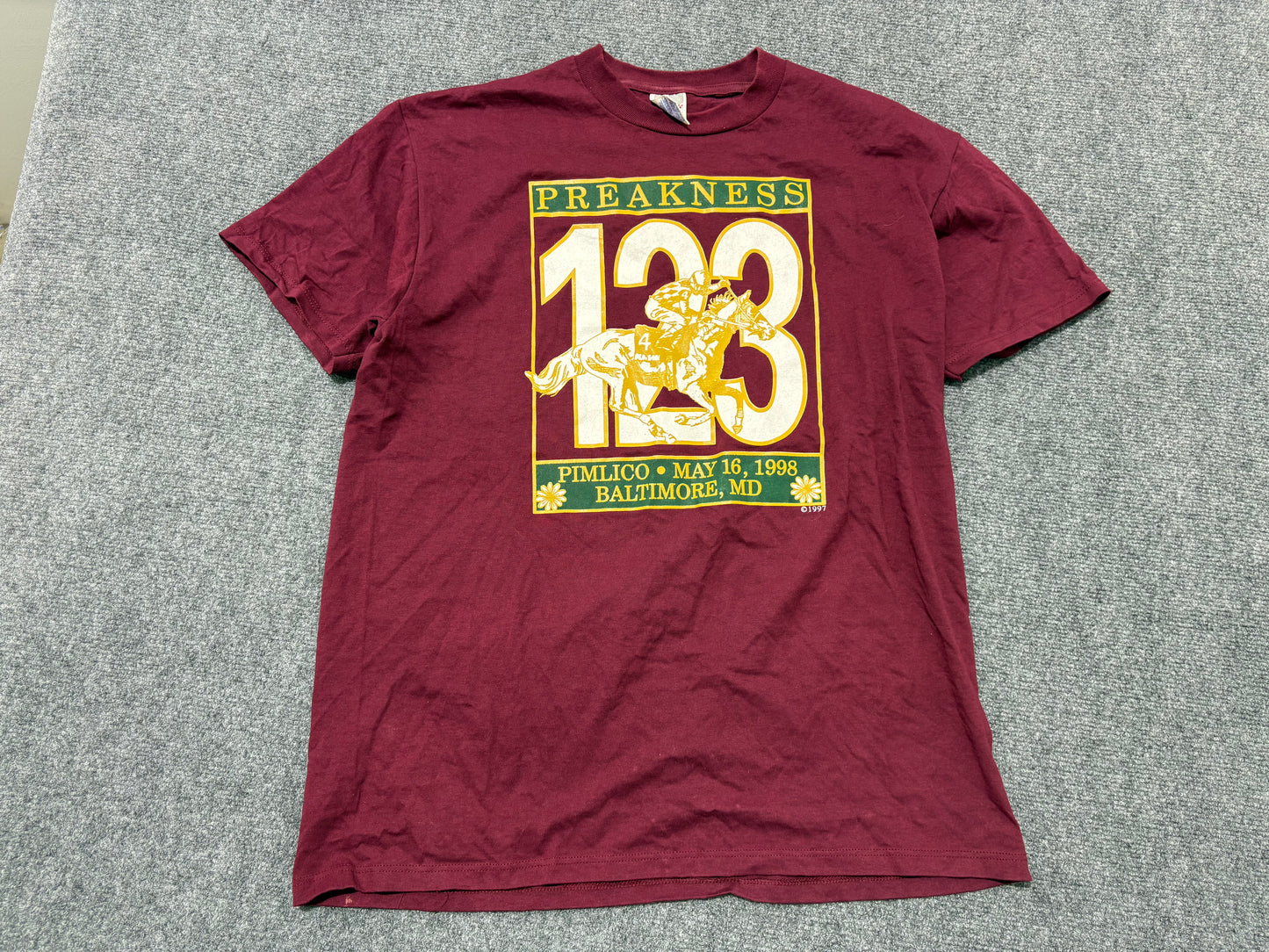 1998 Preakness 123 Horse Racing Tee - Maroon Size Large