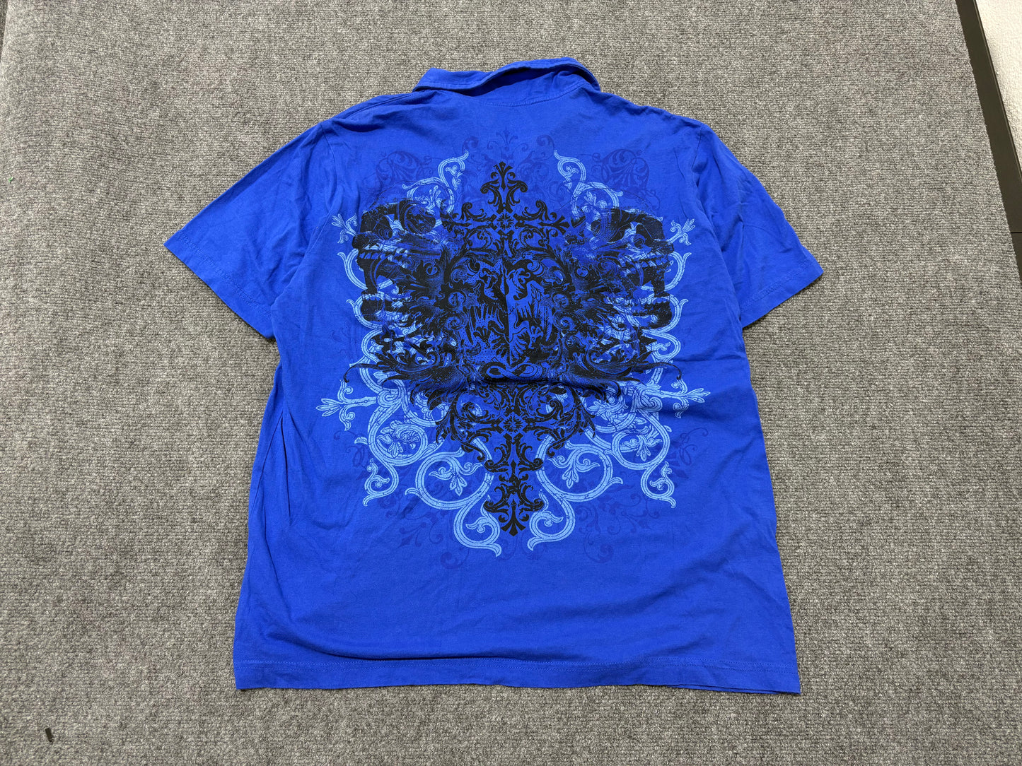 Y2K Route 66 Tribal Cross Polo Shirt - Blue Size Large