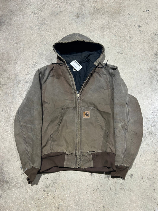 Thrashed Carhartt Zip Up Hooded Jacket - Brown Size Medium