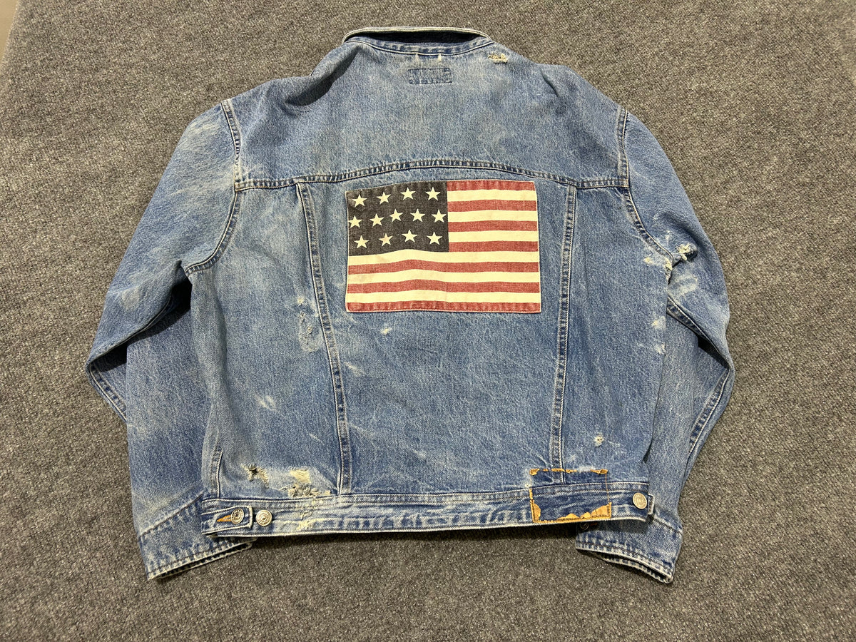 Thrashed Ralph Lauren Polo Country Denim Trucker Jacket - Blue Size Large