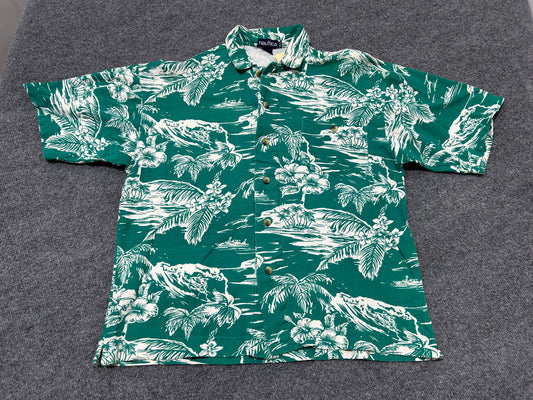 Nautica Hawaiian Button Up Polo Shirt - Green/White size Medium