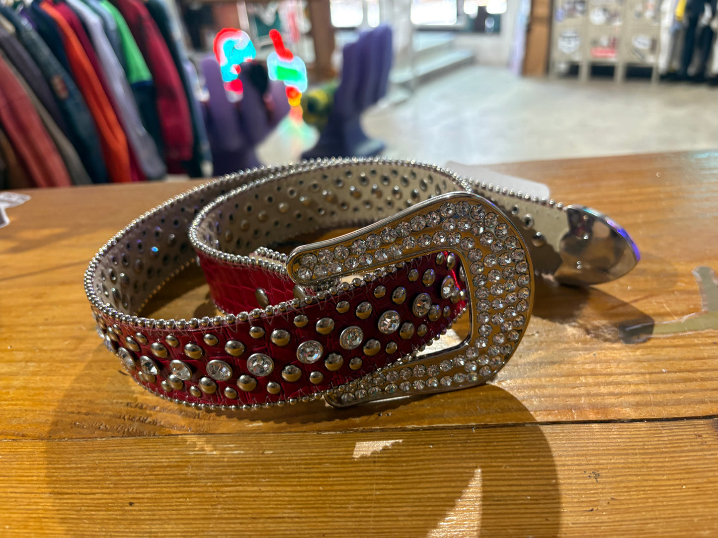 Rhinestone Studded Leather Belt - Red