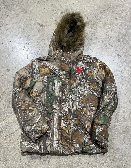 WMNS Realtree Red Logo Fur Hooded Jacket - Camo Size Large