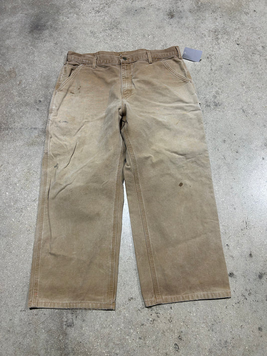 Distressed Carhartt Carpenter Pants - Faded Khaki Size 38x30