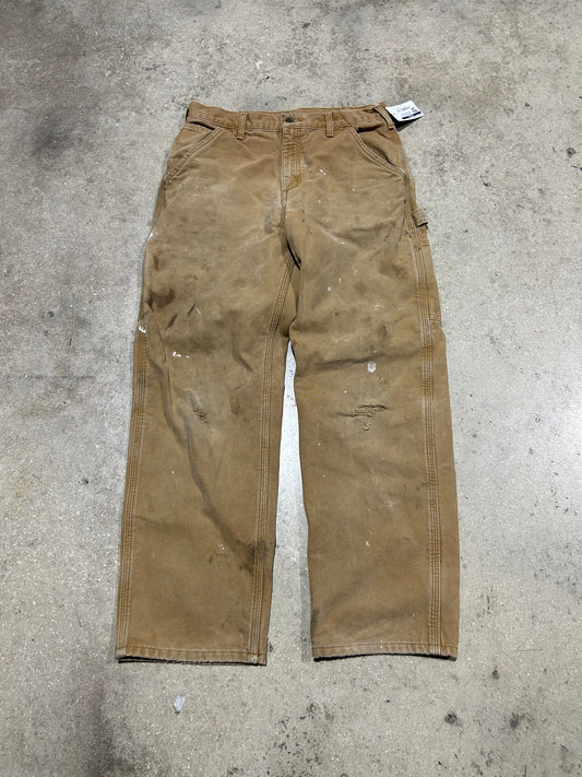Distressed Carhartt Plaid Liner Carpenter Pants - Dark Khaki Size 32x30
