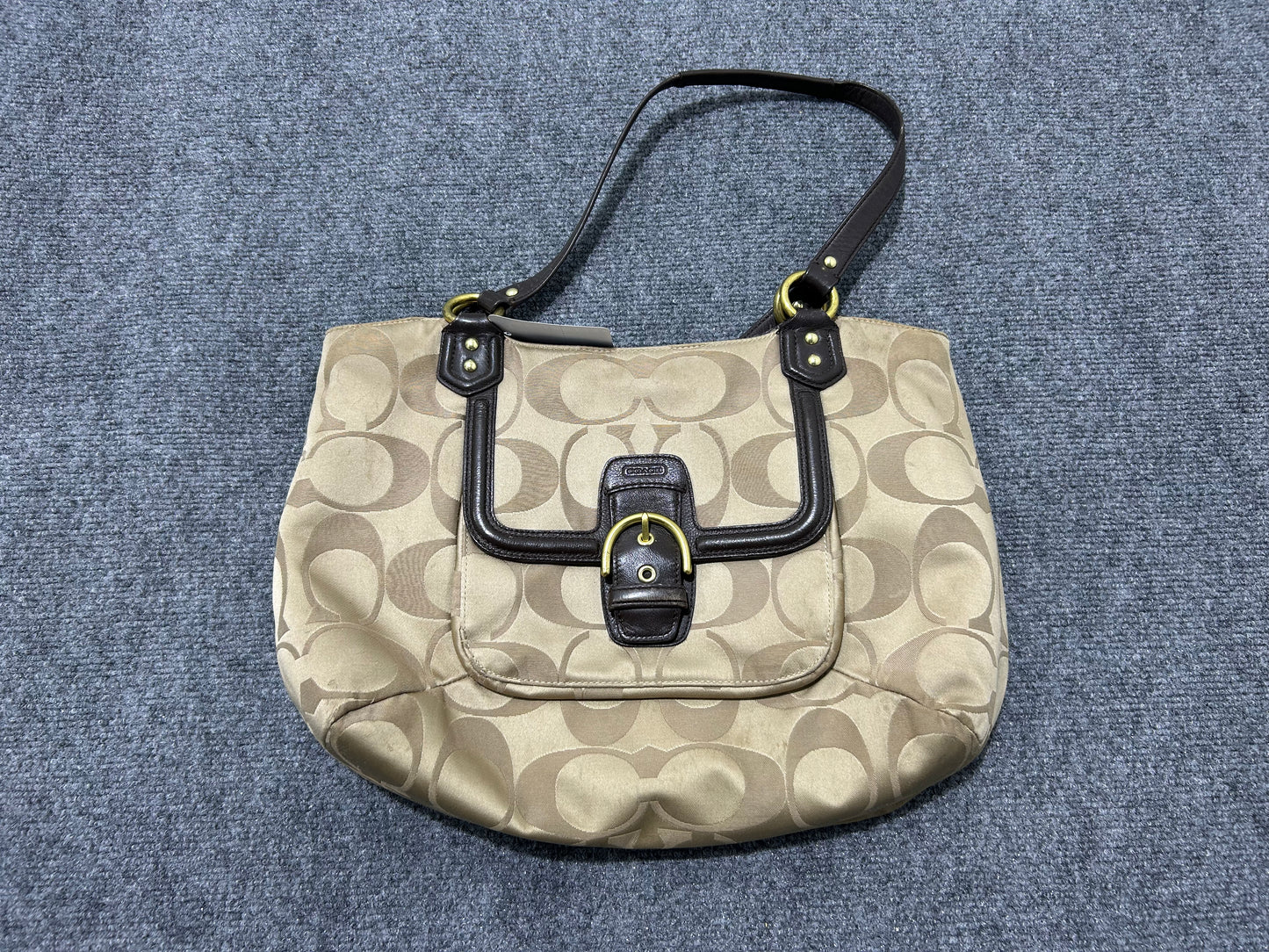 Coach Campbell Signature Shoulder Bag - Khaki w/ Leather Trim