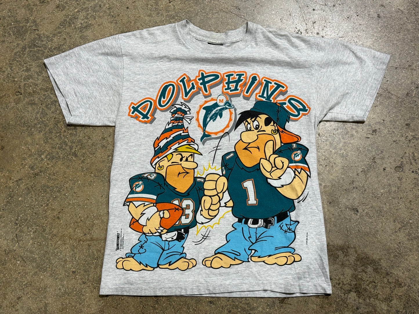 1993 Flintstones Miami Dolphins Tee - Ash Grey Size Large