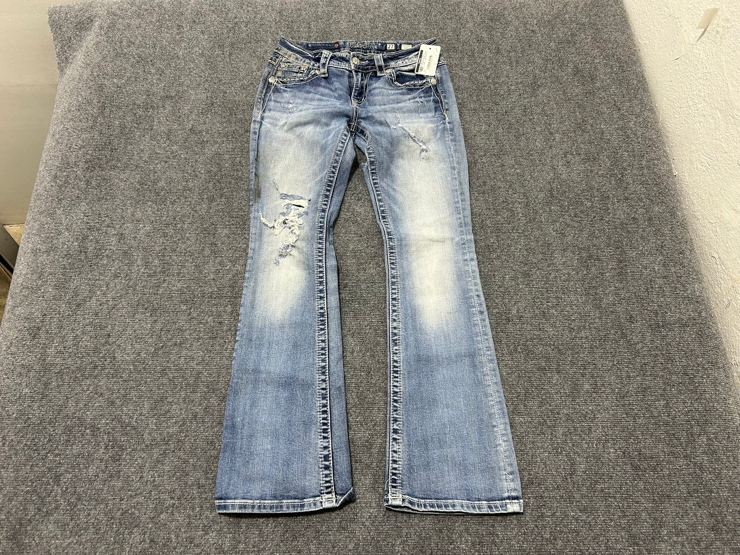 Miss Me Distressed Bedazzled Pockets Bootcut Jeans - Light Blue Size 27