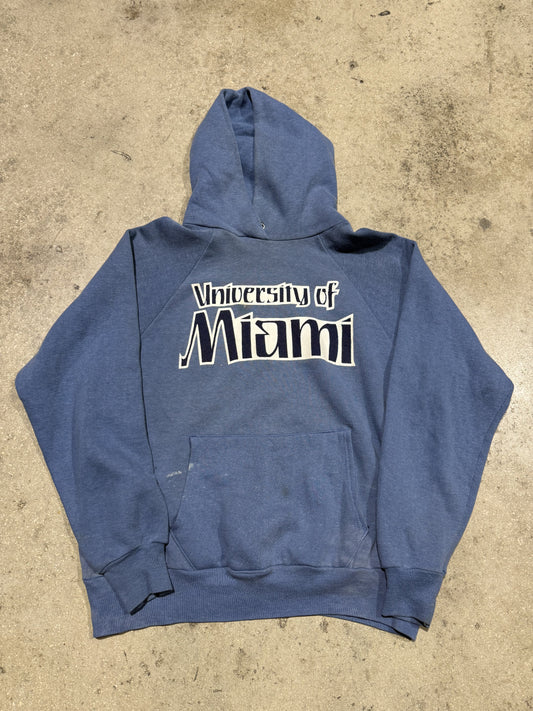 80s University Of Miami Hoodie - Blue Size Large