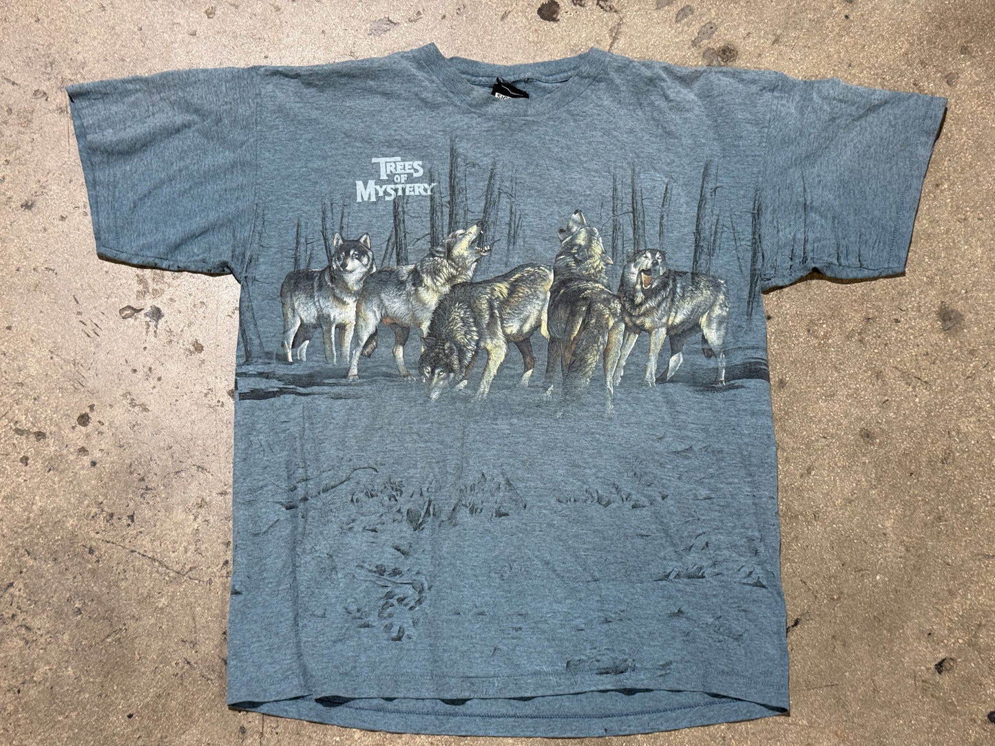 Trees Of Mystery Wolves Tee - Acid Wash Blue Size XL