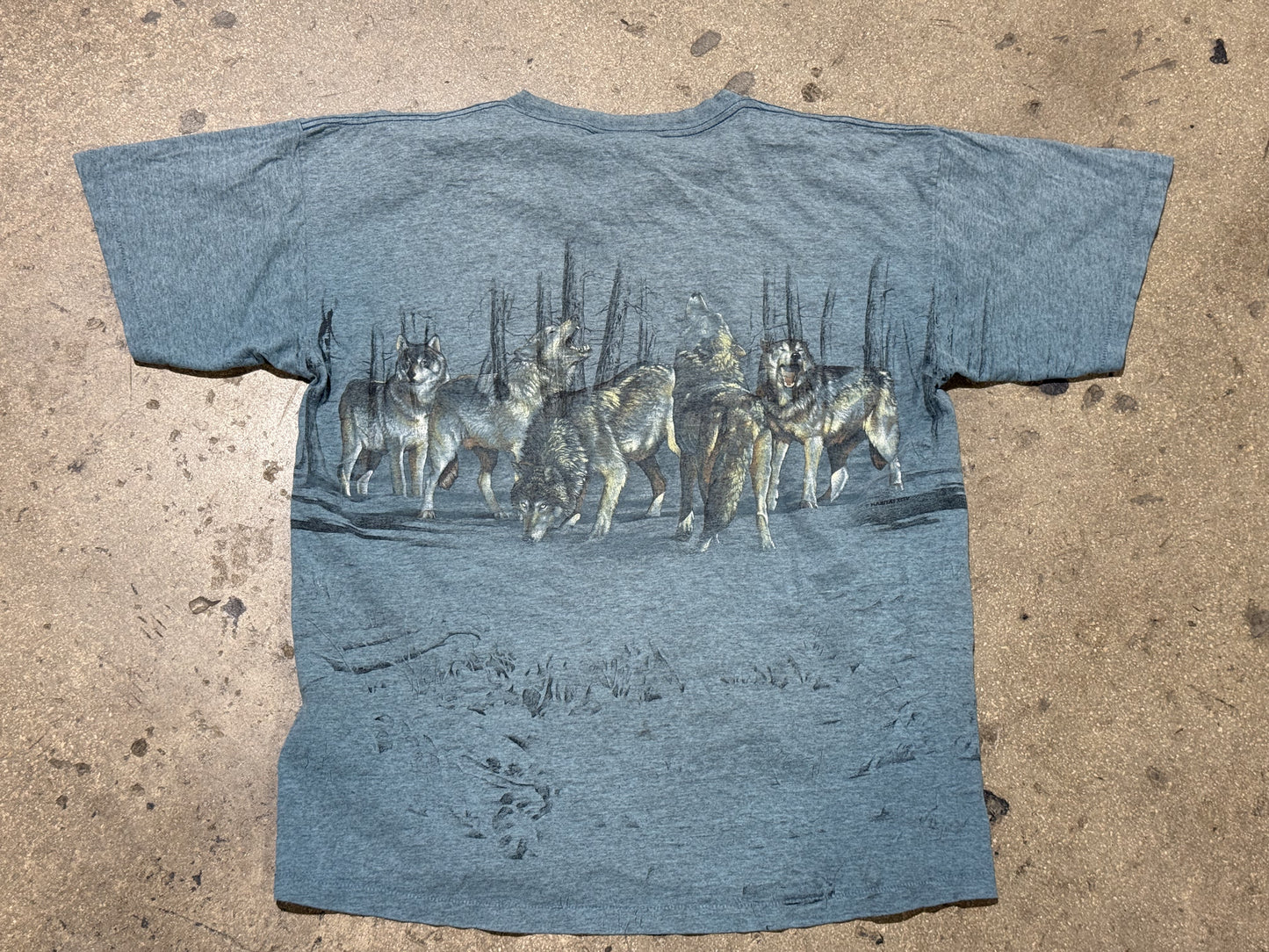 Trees Of Mystery Wolves Tee - Acid Wash Blue Size XL