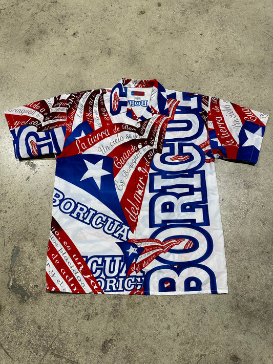 Puerto Rico Boricua Button Up Shirt - Red White Blue Size Large