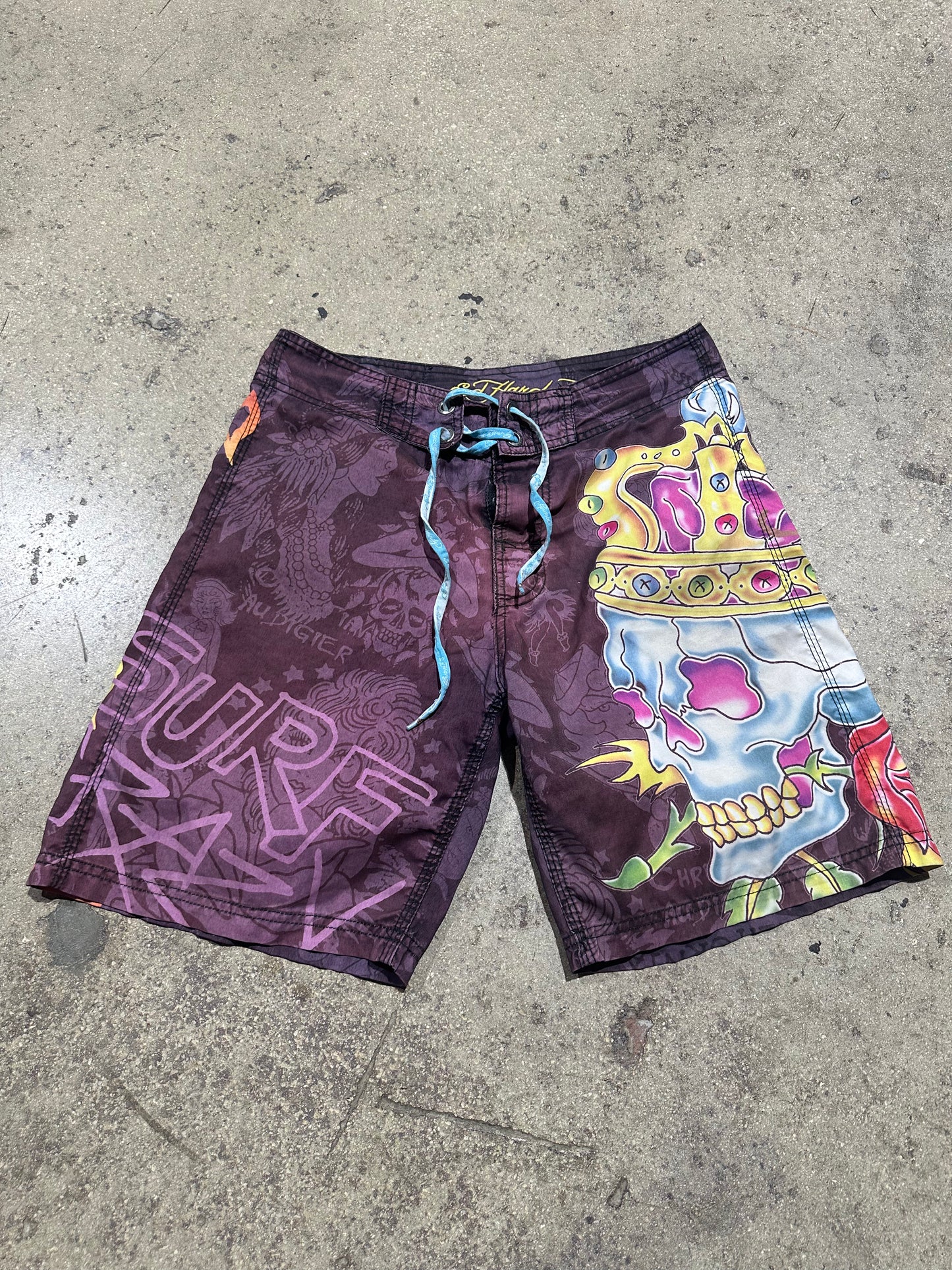 Ed Hardy Surf or Die Swim Trunks - Purple Size 31/Small