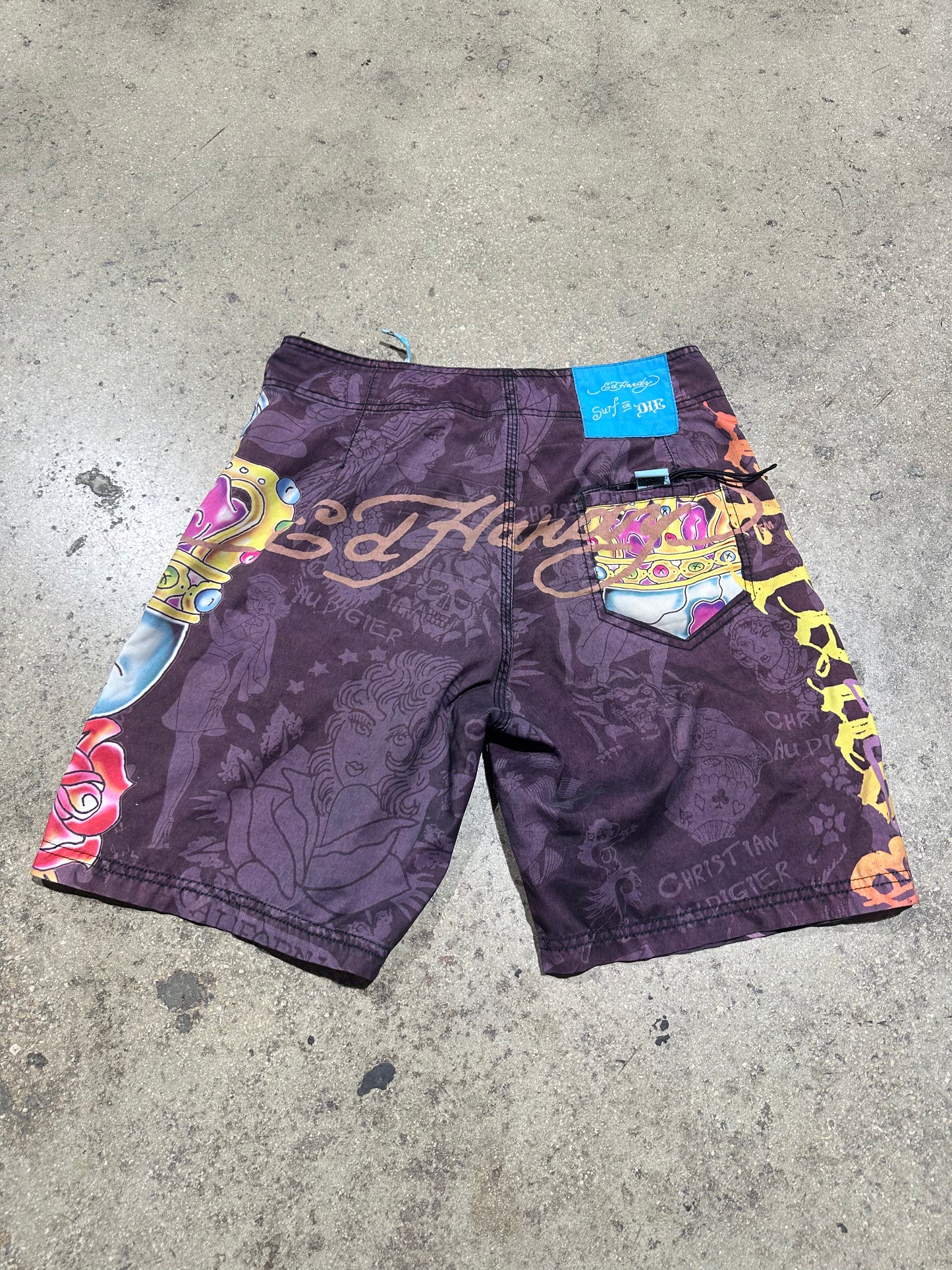 Ed Hardy Surf or Die Swim Trunks - Purple Size 31/Small