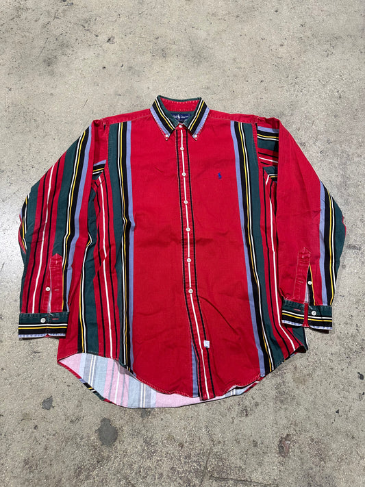 Ralph Lauren L/S Stripe Button Up Shirt - Red/Multi Size Large