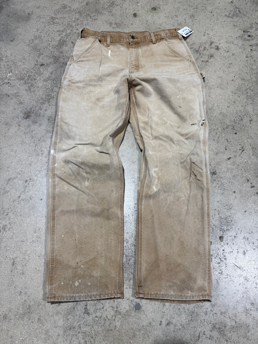 Distressed Carhartt Carpenter Pants - Faded Khaki Size 35x32