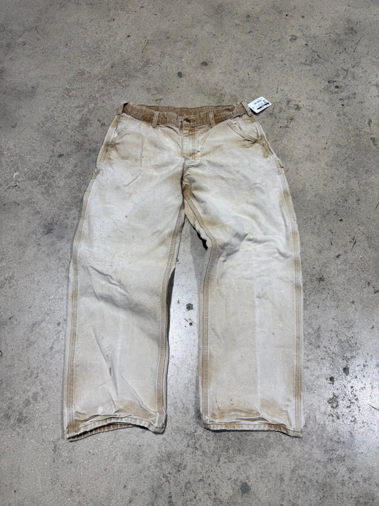 Distressec Carhartt Carpenter Pants - Faded Khaki Size 34x30