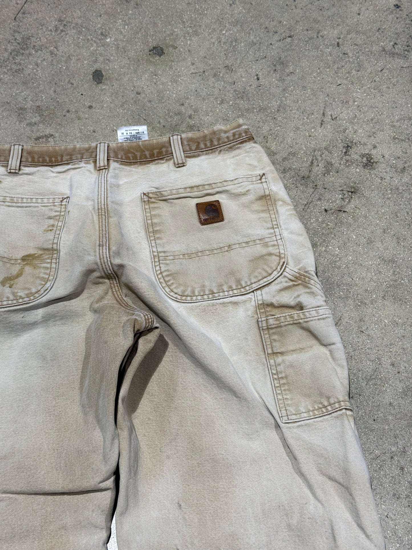 Distressec Carhartt Carpenter Pants - Faded Khaki Size 34x30