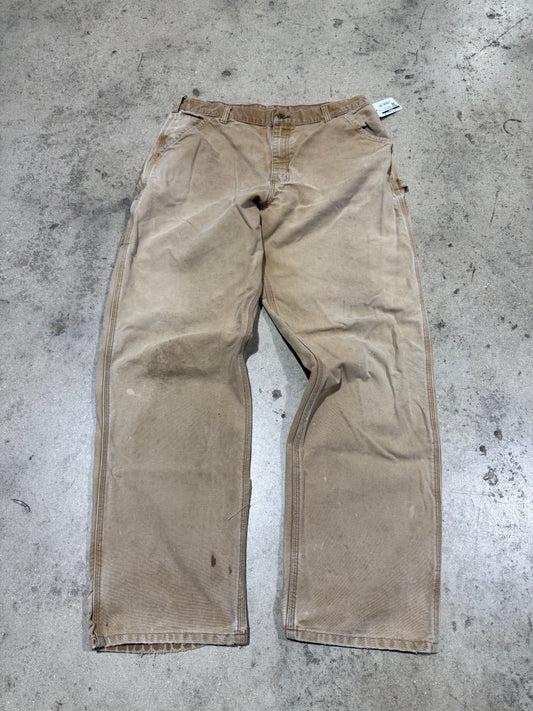 Distressed Carhartt Carpenter Pants - Faded Khaki Size 38x36