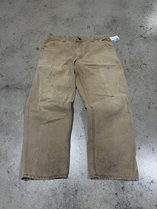 Distressed Carhartt Carpenter Pants - Faded Khaki Size 36x30