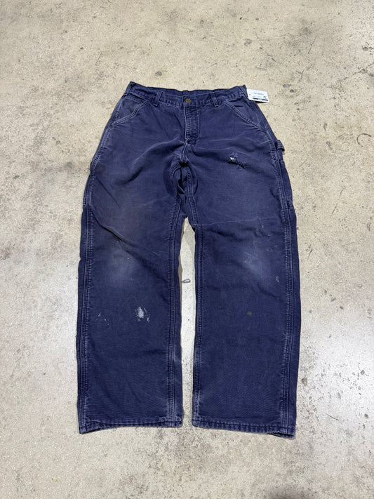 Distressed Carhartt Plaid Liner Carpenter Pants - Faded Navy Size 32x30