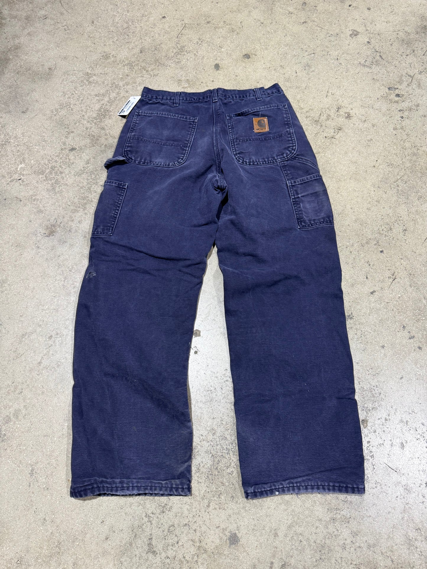 Distressed Carhartt Plaid Liner Carpenter Pants - Faded Navy Size 32x30