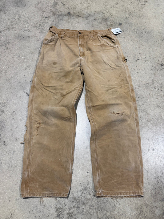 Distressed Carhartt Carpenter Pants - Faded Dark Khaki Size 34x32